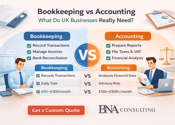Bookkeeping vs accounting comparison showing key differences and services for UK businesses