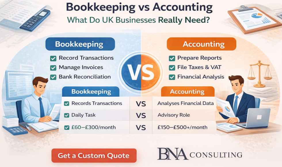 Bookkeeping vs accounting comparison showing key differences and services for UK businesses